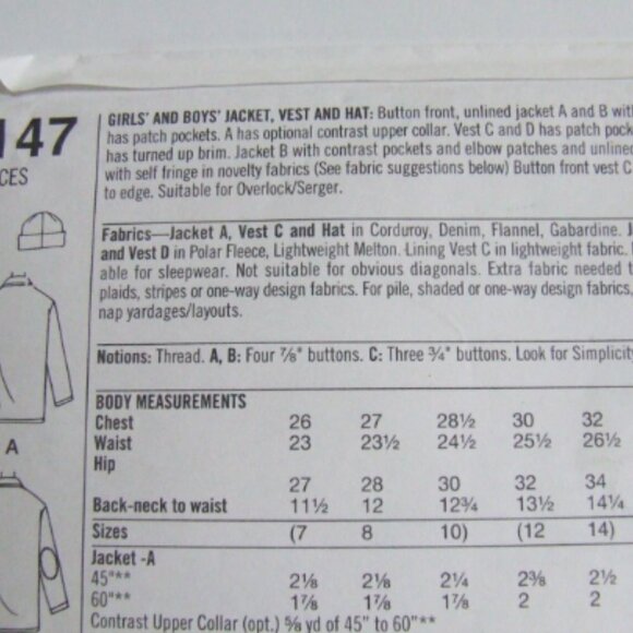 Simplicity sewing uncut pattern kids fall jacket vintage autumn coat vest winter - Picture 3 of 5